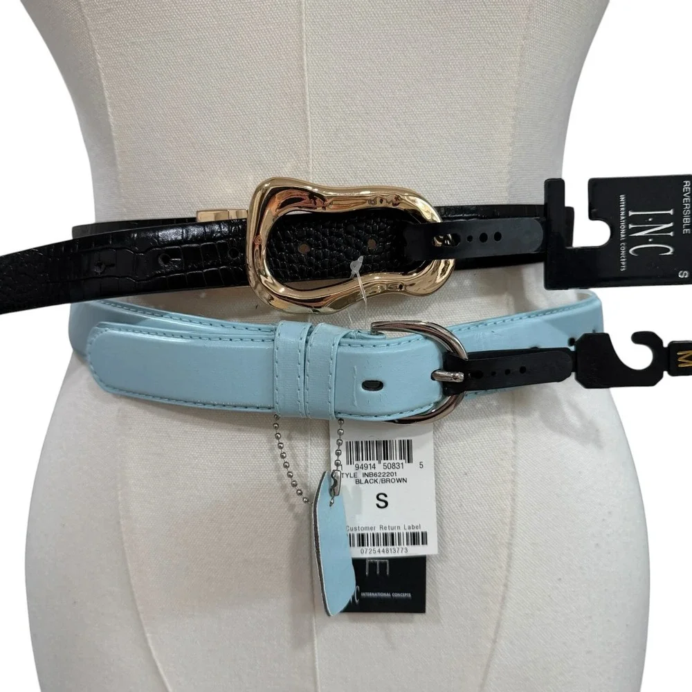 INC Reversible Black Brown Belt Blue Belt‎ Bundle Gold Buckle Old Money Preppy